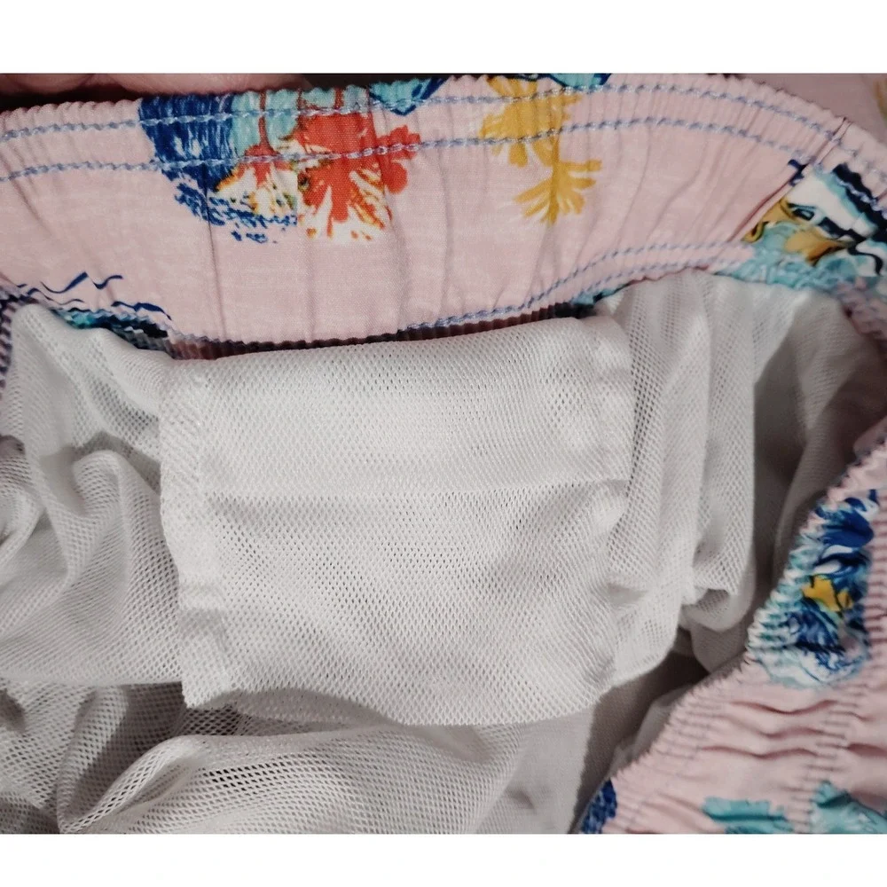 George Mens Swim Trunks Large Pink Tropical Parrot Palm Tree Print Elastic Waist